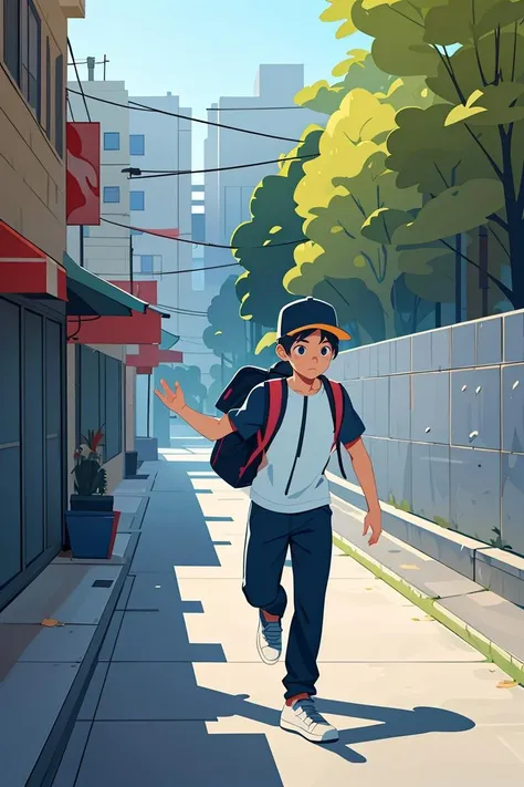 a cartoon boy is walking down the street with a backpack