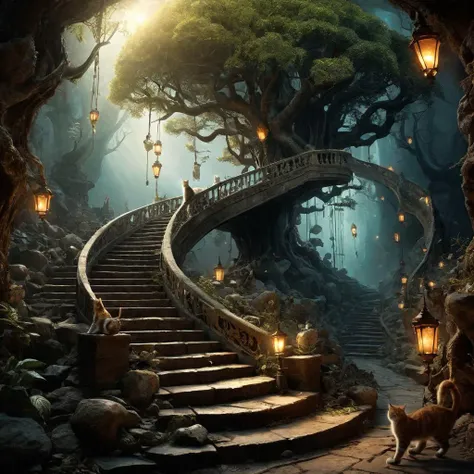 breathtaking A surreal quest for redemption,represented by a vast ((endless staircase winding through the underworld)),with cats climbing together toward a shining and elusive tree at the top. The scene blends elements of fantasy and reality,with barriers ...