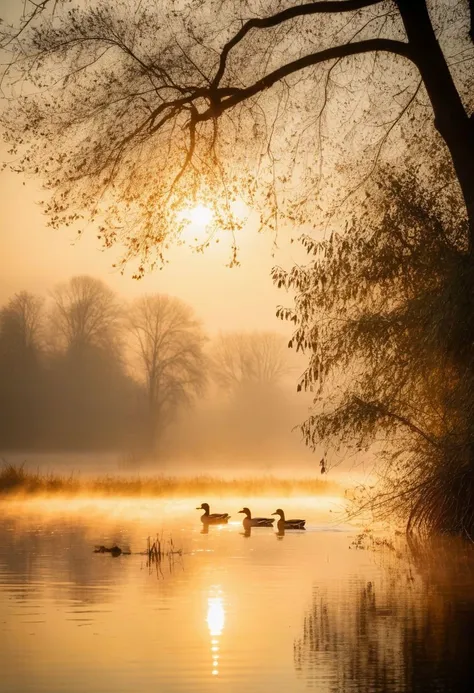 ducks in the lake, mist, golden hour light falling on trees, morning, mist on the river, golden hour sunset, natural photography, nat geo magazine cover. vintage shot. sunrays reflecting off lake, foggy landscape, depth of field.