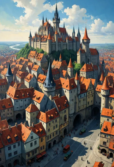 (by Bertalan Székely:1.2), A sprawling medieval cityscape nestled beneath the shadow of a towering castle, its spires reaching towards the sky amidst a tapestry of cobblestone streets and bustling markets, (cataclysmic, cyber-occultism:1.2), Constructivist...