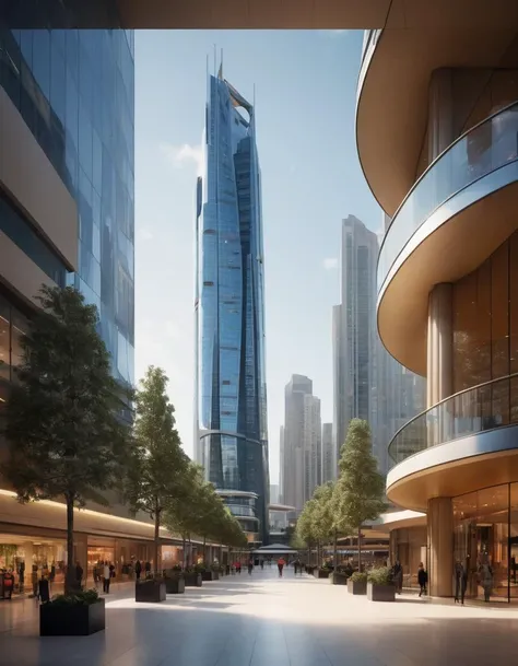 A digital masterpiece of a (futuristic high-rise shopping center:1.3) inspired by Syd Mead, seamlessly blending architecture and art, set amidst a bustling city with ((500-meter tall buildings:1.4)), contrasting sleek lines against urban surroundings. Vibr...