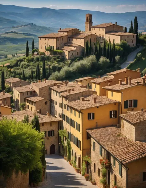 "A photo of (16th century Tuscany:1.3) with rolling mountains in the background, prominent (Tuscany towers:1.2), people strolling along the cobbled streets, (fauvism:1.2) and ashcan school influences, (flickering light:1.1) dancing across the scene, (paint...