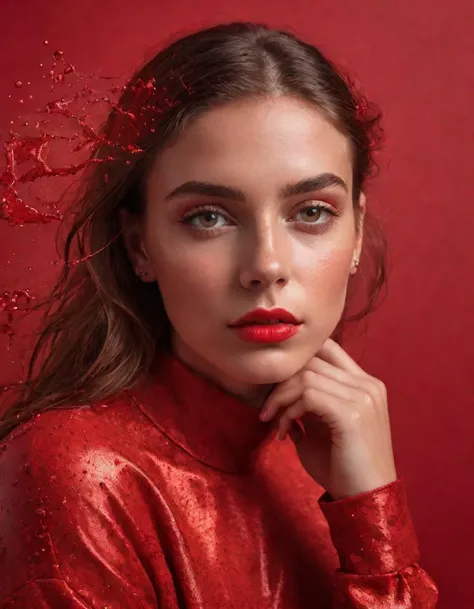 A photo of a (girl:1.3) with a portrait orientation, acting as (cover art:1.2), set against a (((red background:1.5))), adorned with (red splash:1.3) elements, striking contrast, dominant red hue, attention-grabbing palette, high-quality imagery, bold colo...