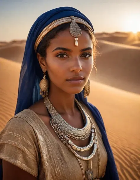 A photo of a (girl:1.3) in (Tuareg traditional dress:1.2), standing amidst vast, sunlit desert sands, deep blue indigo veil, silver jewelry details, cultural authenticity, soft yet piercing gaze, blowing winds carrying sand particles, sun setting on the ho...