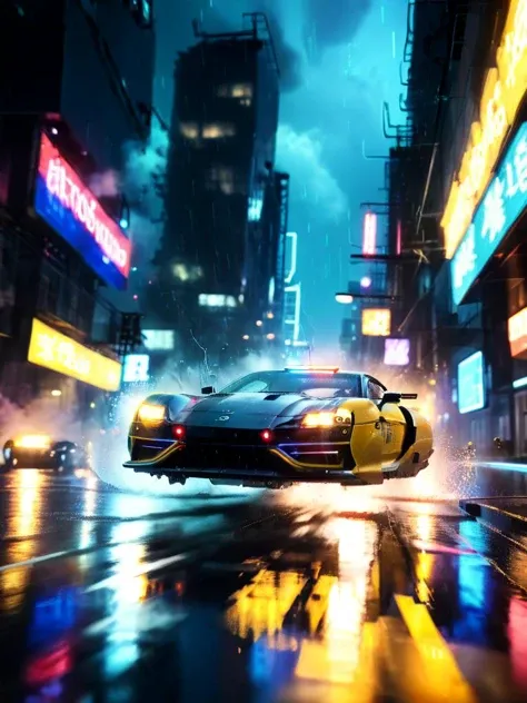 (high-speed chase cinematic:1.4), (dutch angle:2.9), (retrofuturistic hovering cars:1.4), concept car, no wheels, (cyberpunk streets:1.2), (night time:1.4), splashing water, raining , depth of field, motion blur, terrified driver, <lora:Hovering_Car_SDXL_v...