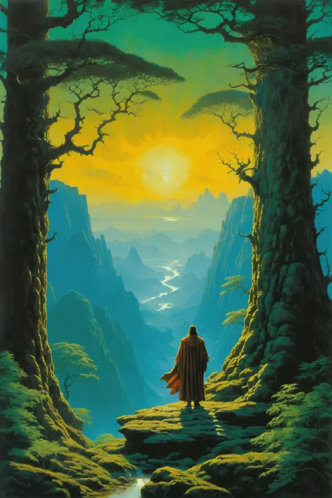 a painting of a man standing on a cliff looking out over a valley