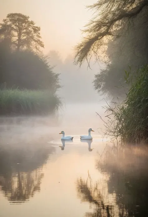 The camera, a Canon EOS 5D Mark IV, paired with a telephoto lens, skillfully captures the moment, ensuring every detail is preserved in exquisite clarity.Enter a tranquil scene where two white ducks gracefully glide upon still waters enveloped in a gentle ...