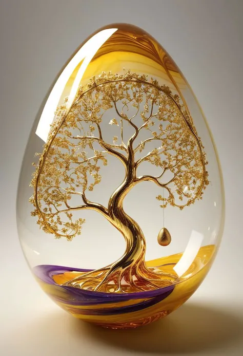 photograph, photorealistic, ultra-realistic, intricately detailed, wide angle, fine fractal glossy vivid colored shiny contours outlines of a glass pear with a ("a glowing golden flying easter egg uses her wand to transform a tree to solid gold.") inside, ...