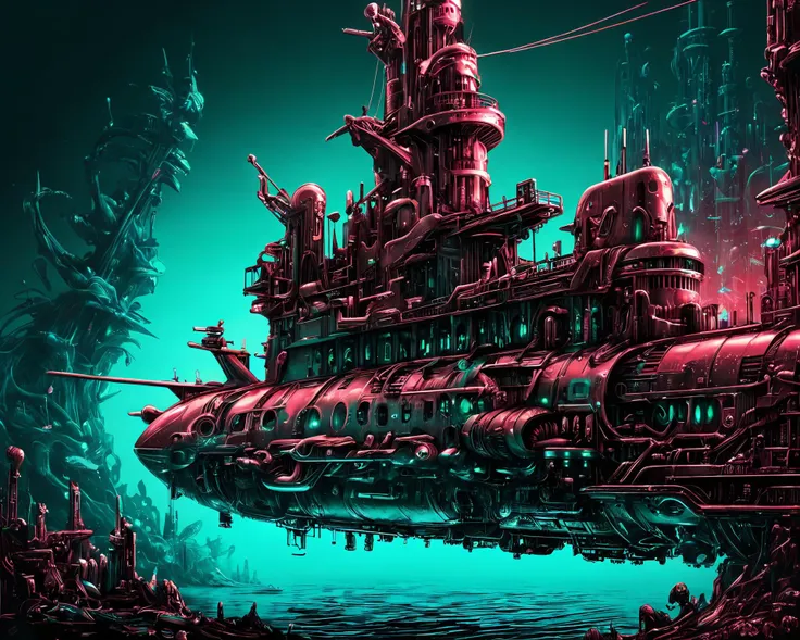 masterpiece, (anime:1.2), Hyper quality, hyper detailed, extremely intricate, hyper maximalist,   <lora:Maximalist_Drawing_BW:0.79>, PStyl3, negative space, abstract, cyberpunk, neon lighting, neon, color anaglyph, Submarine, underwater, burnished metals