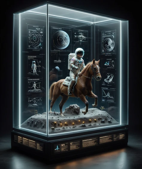 extreme low angle from below, display case in a future dark moon base environment, an astronaut riding a horse, led light, <lora:DisplayCaseXL:1>, 16k, UHD, DSLR, insane detailed, award-winning photo