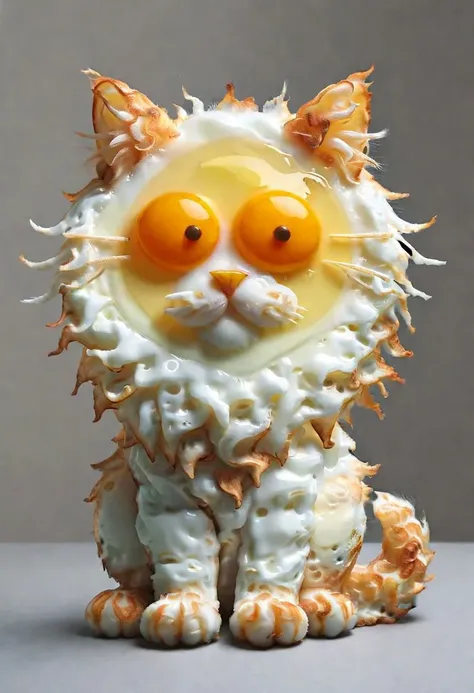 a close up of a cat made of eggs and cheese