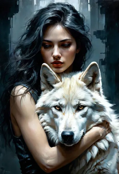 a woman holding a wolf in her arms with a city in the background