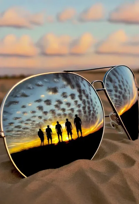 mirrored image of three people walking on a beach at sunset