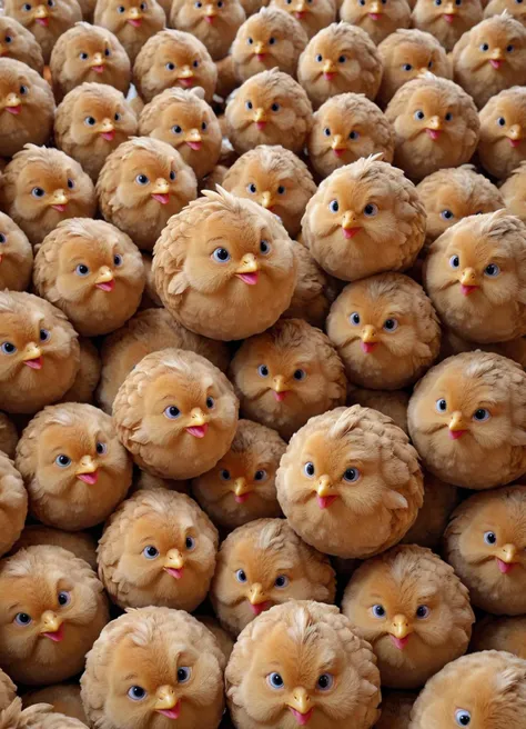 a close up of a bunch of stuffed animals with eyes