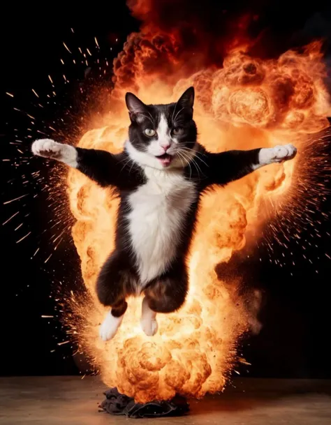 A cinematic shot of a (cat:1.3) in mid-air, (leaping out of an explosion:1.2), dramatic backdrop of fiery bursts, smoke tendrils, intense motion, high contrast, (feline agility:1.1), wide angle lens, Hollywood blockbuster vibe, dynamic pose, hero moment, a...