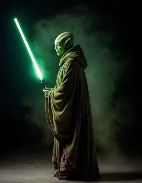 A photo of a (wise alien figure:1.3), (illuminated green lightsaber:1.2), shrouded in (mysterious fog:1.1), (side profile:1.1), deep shadows, subtle highlights, (earthy cloak:1.1), (serene expression:1.2), Nikon D850, 1/60s, f/2.8, ISO 640, atmospheric lig...