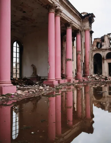 A photo capturing (reflected classical art:1.3) in (standing water:1.2), (juxtaposition of destruction and beauty:1.3), (vivid pink against muted tones:1.2), amidst (ruins of elegance:1.3), scattered debris, (damaged frames:1.1), (mirror-like reflections:1...