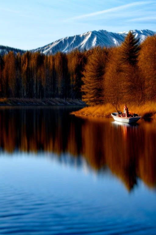 masterpiece, best quality, ultra-detailed, realistic, 8k, RAW photo, distant-view, (fisherman fishing troubles on small boat on lake, small fish were flying on the water around the fisherman:1.37), lotus flower on the surface of the lake, all aquatic plant...