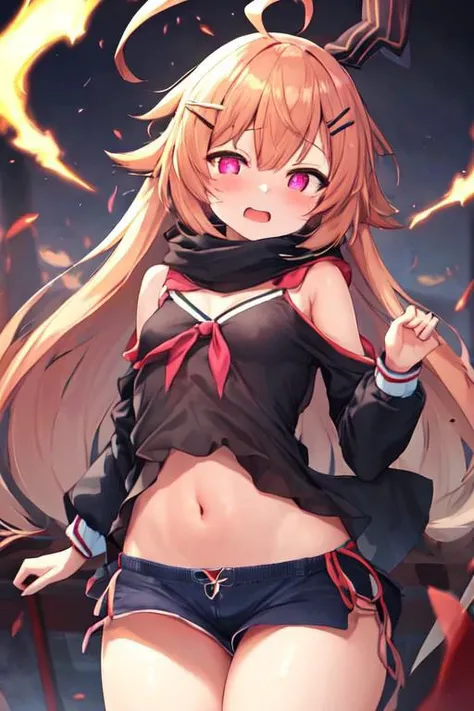 best quality,best quality, best masterpiece, 
ahoge,,,hairclip,,1girl,
glowing eyes
small breasts
curvy
upshorts