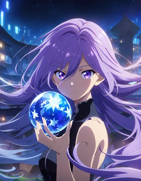 anime artwork masterpiece,best quality,ultra-detailed,1 girl,solo,extremely detailed,amazing,fine detail,highly detailed woman,bangs, bare shoulders, eyebrows visible through hair, purple hair, floating hair, hair between eyes, long hair, looking at viewer...