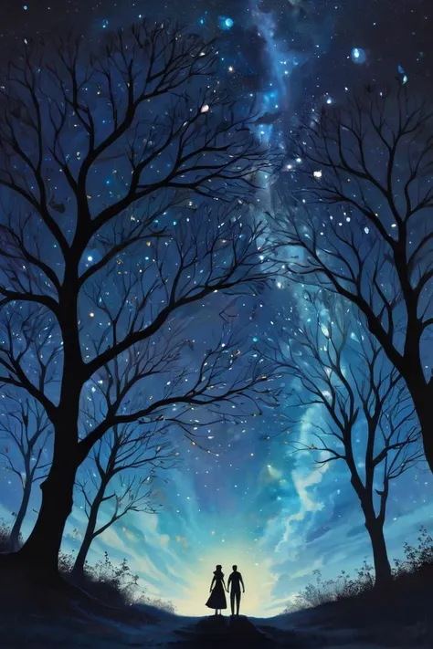 In a fantastical illustration, a multitude of dark, elegant silhouettes stand against a cobalt blue sky, which sparkles with an array of vibrant, swirling stars and celestial dust. Within each silhouette, intricate trees grow, their branches and leaves wov...