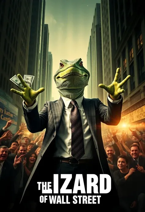 Create an alternate universe where ‘The Wolf of Wall Street’ becomes ‘The Lizard of Wall Street.’ Replace the iconic human lead with a charismatic reptile, dressed in sharp suits, flashing cash, and embodying the excess and greed of Wall Street. The image ...