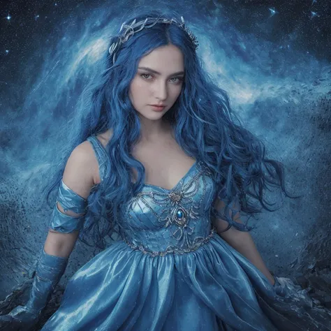 A headshot photo of an elven nymph woman with deep sapphire blue hair that curls gently at the ends, wearing a silver circlet encrusted with moonstones. She is dressed in a flowing blue gown that seems to shimmer like water, and the background is a starry ...