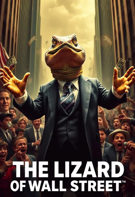 Create an alternate universe where ‘The Wolf of Wall Street’ becomes ‘The Lizard of Wall Street.’ Replace the iconic human lead with a charismatic reptile, dressed in sharp suits, flashing cash, and embodying the excess and greed of Wall Street. The image ...