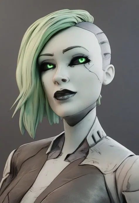 score_9, score_8_up, score_7_up, score_6_up, score_5_up, score_4_up, robot, android woman, gray metallic skin, green hair, hair covers on one side of the head, no hair on sides of the head, black sclera, green iris, cybernetic lines across the face and bod...