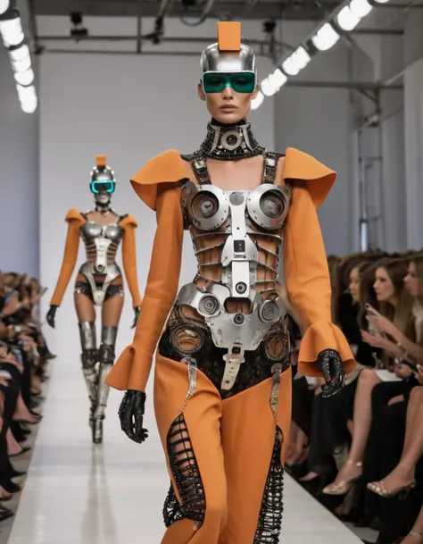 robots modeling clothing on the runway at a fashion show. The models are wearing this seasons hottest trends, haute couture from a variety of designers and designs in vibrant colors
