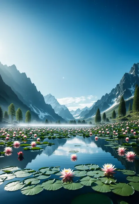 Long exposure photo of cinematic photo photorealistic landscape shot with RAW photo,photo of a a lake with water lillies and mountains in the background,mystical lake,detailed,ryan dyar,dreamy landscape,alpine pond with water lilies,f/11,epic realistic,det...