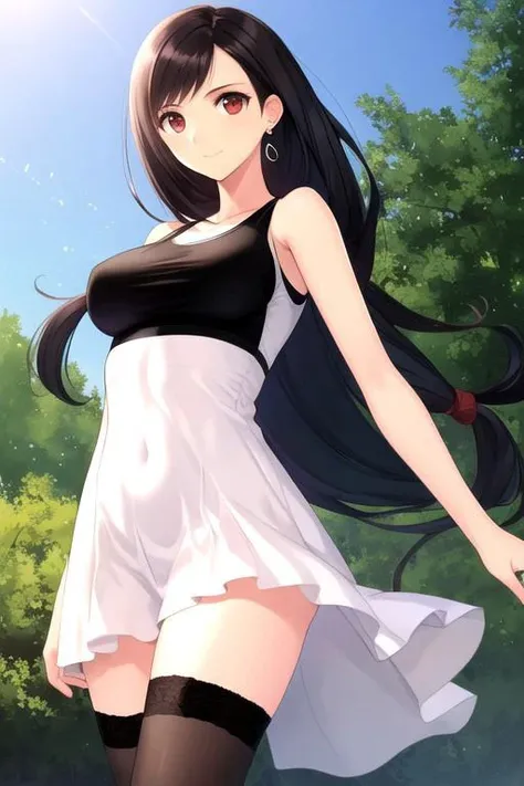 in school, (pastTifa, red eyes, low-tied long hair, green sundress, sleeveless,), thigh-highs, 1girl, best quality, cowboy shot, seductive smile, tony taka, Overall Detail, (clevagae slim, standing, earrings, looking at viewer, young-adult), medium breast,...