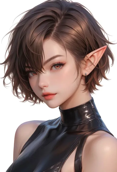 score_9, score_8_up, score_7_up Close-up details, realistic style photo of a pure white skin elf girl, elf, brown hair, short hair in a intricate hairstyle, red colour eyes, short pointy ears, thin black choker , outstanding style, tall, cute, young adult,...