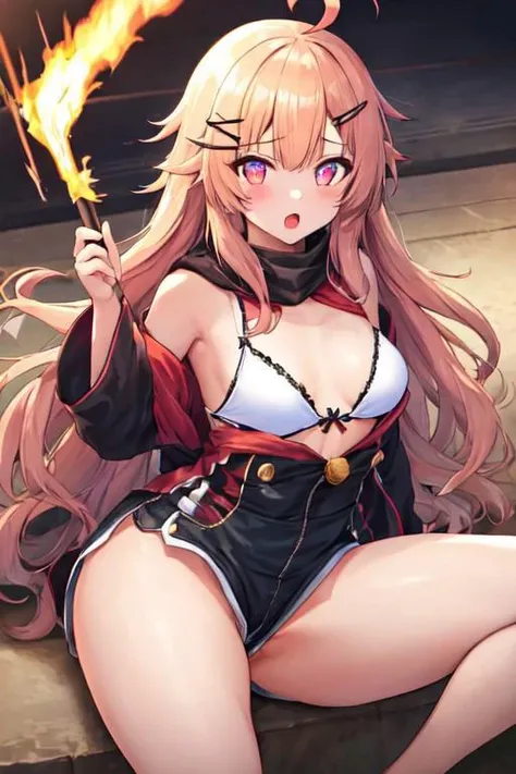 best quality,best quality, best masterpiece, 
ahoge,,,hairclip,,1girl,
glowing eyes
small breasts
curvy
upshorts