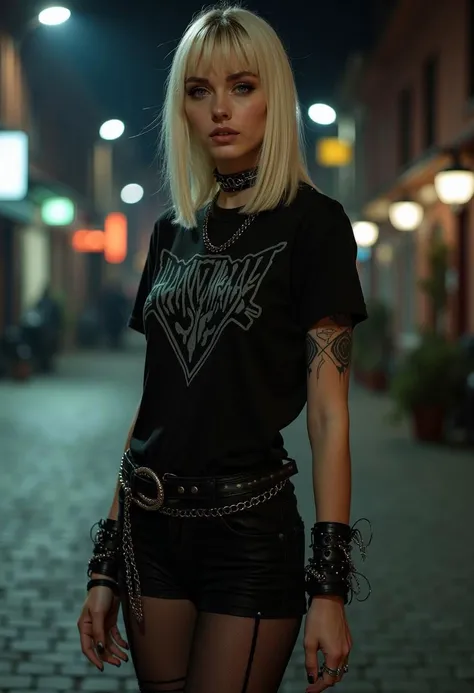 18 years old woman, blonde perfect long bobcut hair, parted half hair, green and blue eyes, eyeliner, gothic, wearing black heavy metal band t-shirt and black denim hotpants, black pantyhose, slender body, long legs, standing, toned legs, black punk boots,...