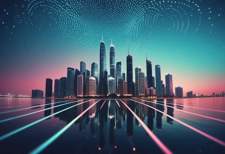 microworldslora, analog photo, dark-tone, retro-wave-color, ( Unmanned:1.2), night city scape and skyscrapers, from below view, starry sky,