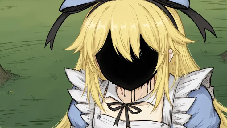 solo,score_9,score_8_up,score_7_up,2D,
one girl,woman,blonde hair,long hair,straight hair,adult,
blue dress,short sleeves,black ribbon,white apron,
dynamic angle,upperbody focus,face focus,zoom,close up,
outdoors,alice in wonderland,
<lora:BlackSouls_Style...