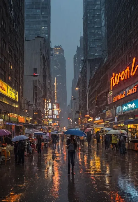 zzCitronCAT, twilight, city street, lot of people, neon signs, heavy rain, umbrellas, reflections, skyscrapers, exotic architecture, street vendors