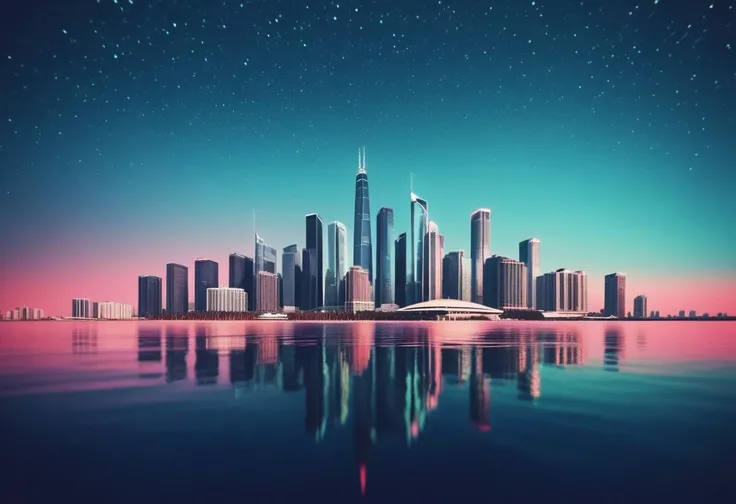 microworldslora, analog photo, dark tone, retro wave color, ( Unmanned:1.2), night city scape and skyscrapers, from below view, starry sky,