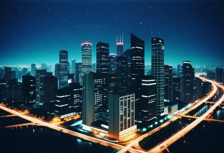 score_9, score_8_up, score_7_up, microworldslora, analog photo, dark tone, retro wave color, high-rise officebuildings in the vast night megalopolis, ( Unmanned:1.2), starry sky,