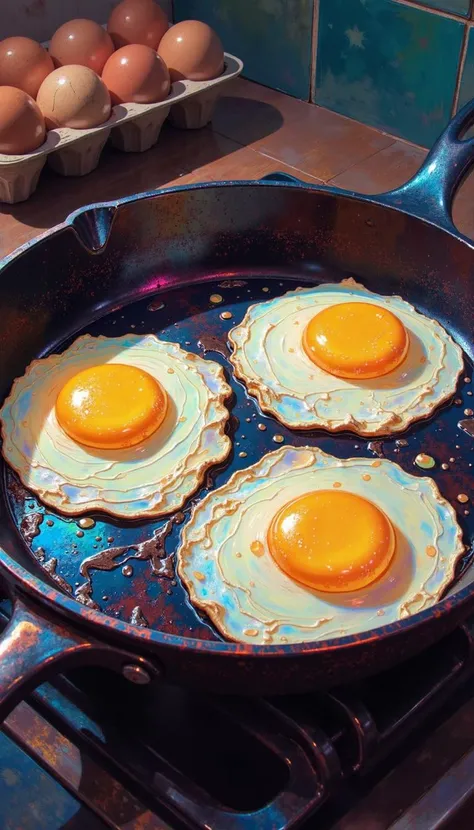 DB4RZ,DB4RZ style painting,a hand-drawn sketch and watercolor style,opalescent inlay,DIGITAL PAINTING,FLUORESCENT, GLOW, A still life, close-up shot depicting three sunny-side-up eggs frying in a pan. Utilize a hyperrealistic style with an emphasis on irid...