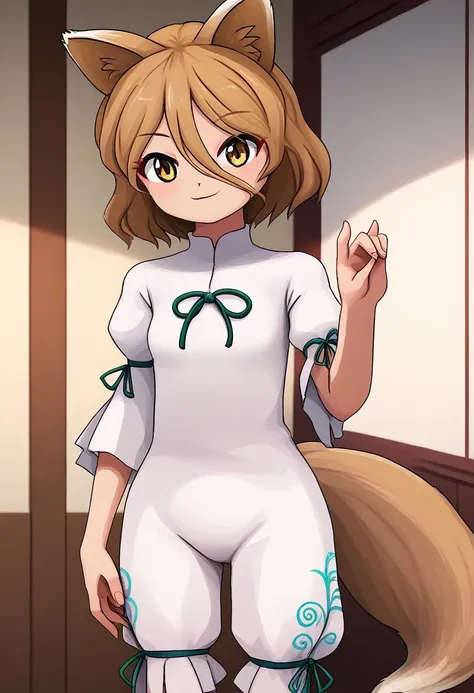 ZUN, parody, 
1girl, solo, kudamaki tsukasa, 
light brown hair, short hair, 
animal ears, animal ear fluff, fox tail, 
white romper, green ribbon, 
short sleeves, puffy sleeves, eyebrows, 
fox shadow puppet, 
smile, 
small breasts, 
indoors,