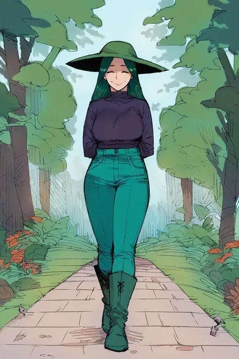 a woman in a green hat and green pants walking down a path