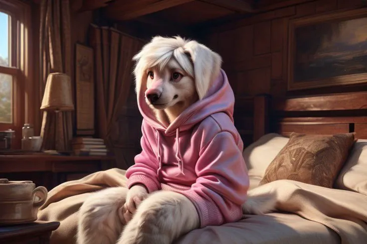 there is a dog that is sitting on a bed wearing a pink hoodie