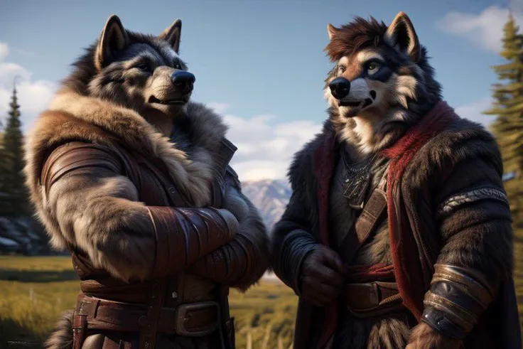 two men in costumes with wolf heads and furs standing in a field