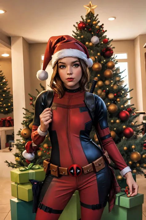 a woman dressed as deadpool posing in front of a christmas tree