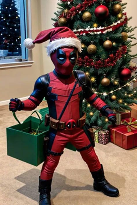 a close up of a person in a deadpool costume with a christmas tree