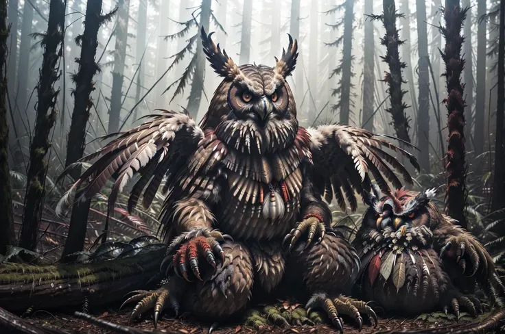 <lora:RPGOwlbear:1> owlbear:1.2, solo, black face, red feathers, full body, orange eyes, claws, talons, owl head, ((full body shot)), in an ancient forest, <lora:AllOldRPGArtS1_1990s_V1.01_LoRA:0.4> alloldrpgarts1 <lora:PBOldRifRPGStyle-V1.0-st_LoRa:0.4> R...