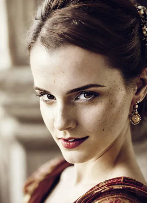 medium portrait close up of a Beautiful sks woman, (messy bun), sitting on a wooden chair, wearing a fancy Victorian era dress, seductively posing, medium breasts, pale skin, dark red lips, dark eye shadow, ornate pendant, sitting in front of a large stone...