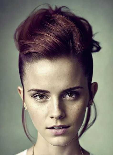 portrait of sks woman by Flora Borsi, style by Flora Borsi, bold, bright colours, rainbow Mohawk haircut, ((Flora Borsi)), <lora:locon_emmawatson_v1_from_v1_64_32:1.25>